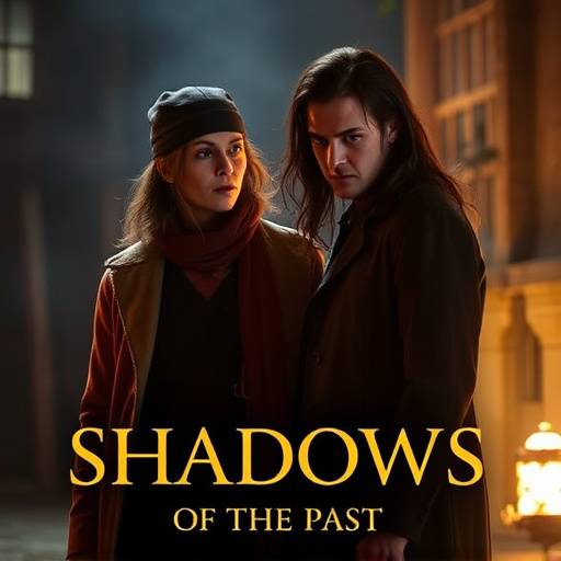 Fotografía promocional de la serie dramática 'Sombras del Pasado', mostrando a dos personajes principales en una escena tensa.