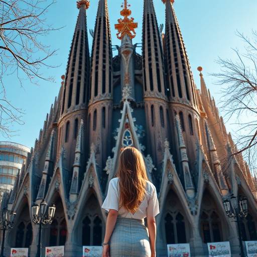 Imagen de la presentadora del programa 'Rincones de España' de pie frente a la Sagrada Familia en Barcelona.