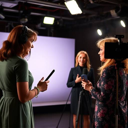 Imagen del set de entrevistas de 'Encuentros con Estrellas', con la presentadora entrevistando a una actriz famosa.