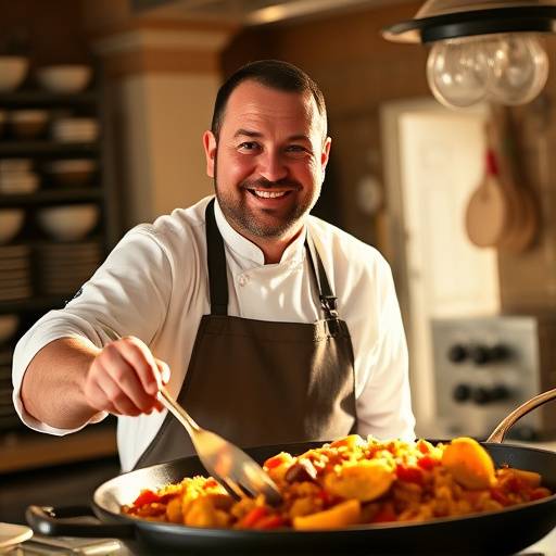 Póster del programa de televisión 'Sabores Madrileños', con un chef sonriendo frente a una paella.
